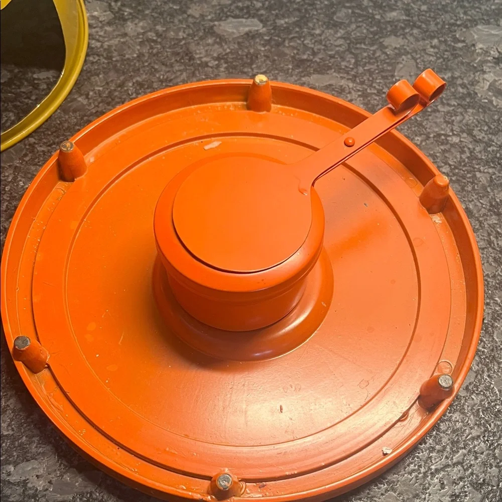 Vintage Mid Century Orange and Green Fondue Set.  Wood handle Retro